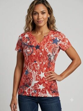 Onque Casuals Red V-Neck Star & Swirl Print Tee